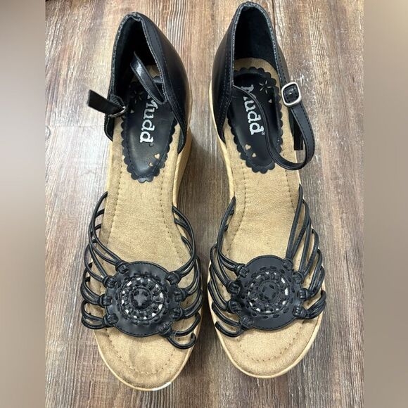 Mudd Y2K Cork Wedge Sandals Heels Size 9.5 Black/Tan Summer Vacation Beach - Picture 2 of 11